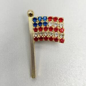 Gold Tone American Flag Rhinestone Brooch 4th of July Pin